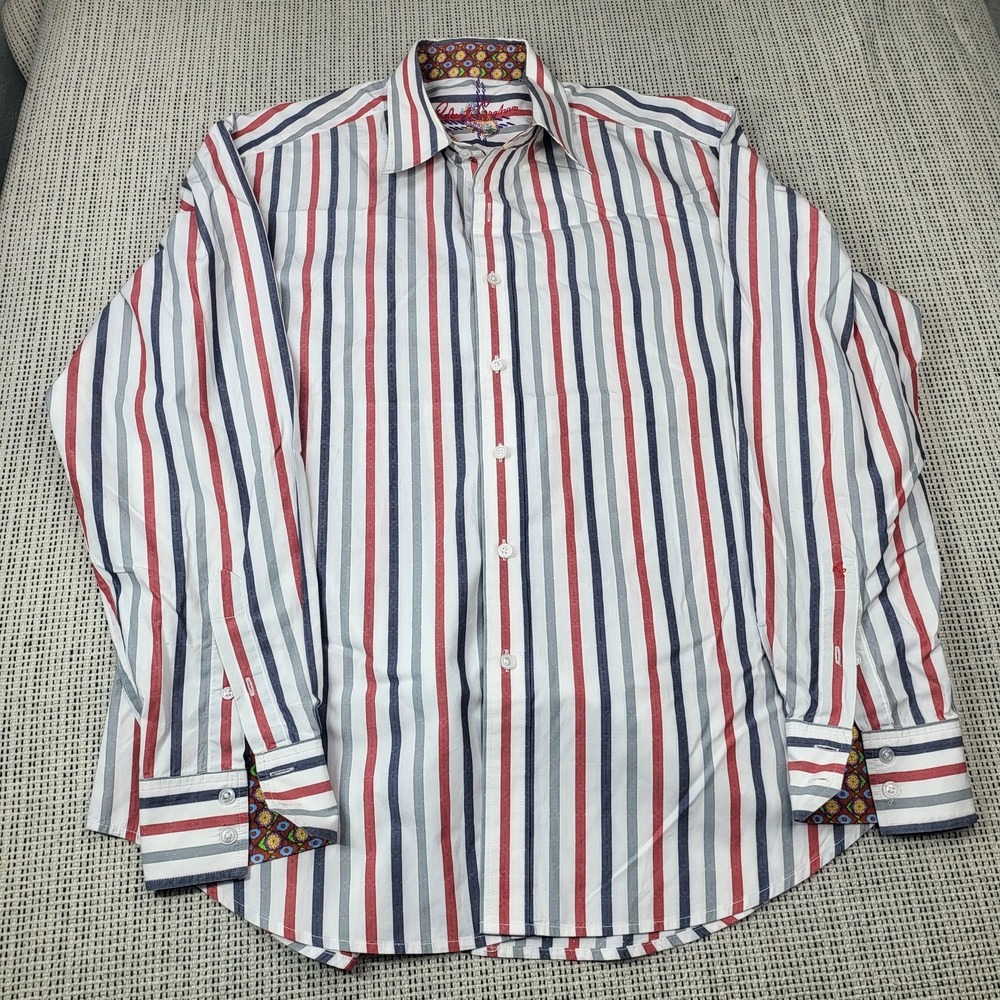 Robert Graham Shirt Mens XL White Stripe Long‎ Sleeve Button Front Casual Cotton